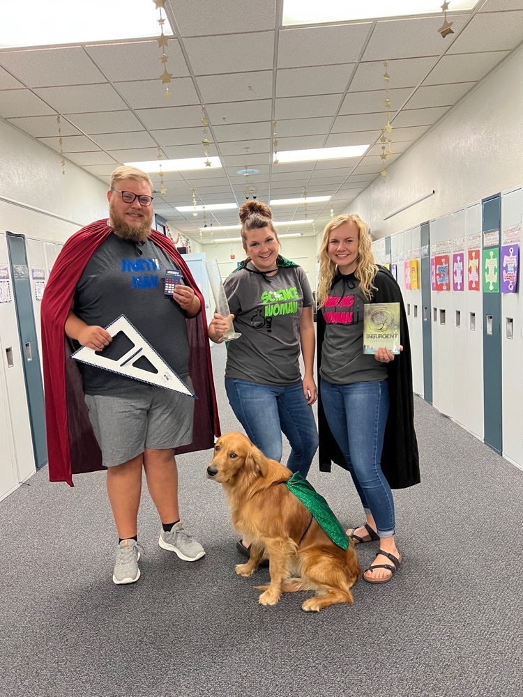 Math man, science woman, reading woman, and super dog! 