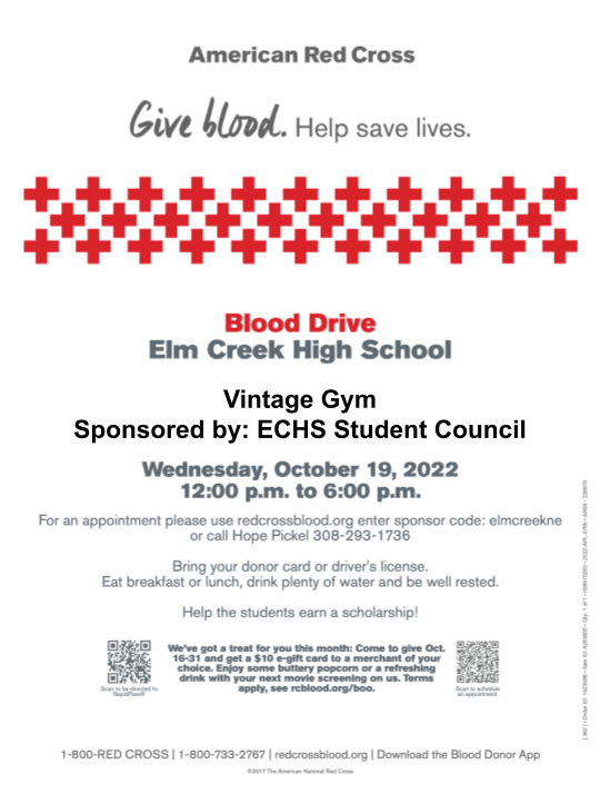 Blood Drive October 19  2022 12-6 PM @ Elm Creek School Vintage Gym