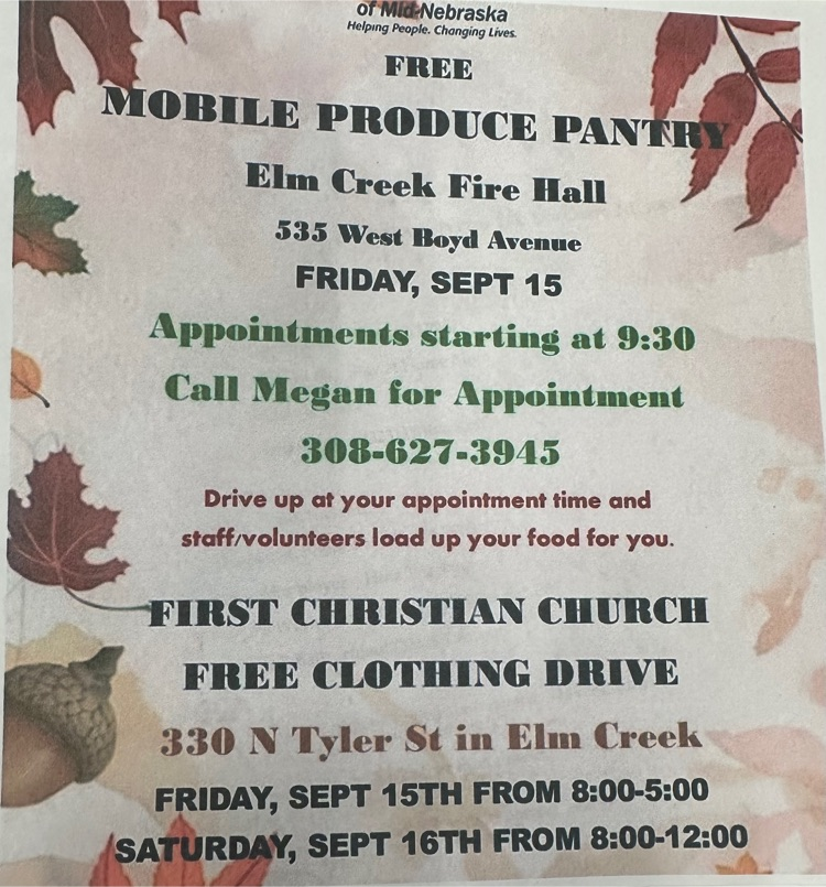 Food Pantry and Clothing Drive Friday and Saturday in Elm Creek